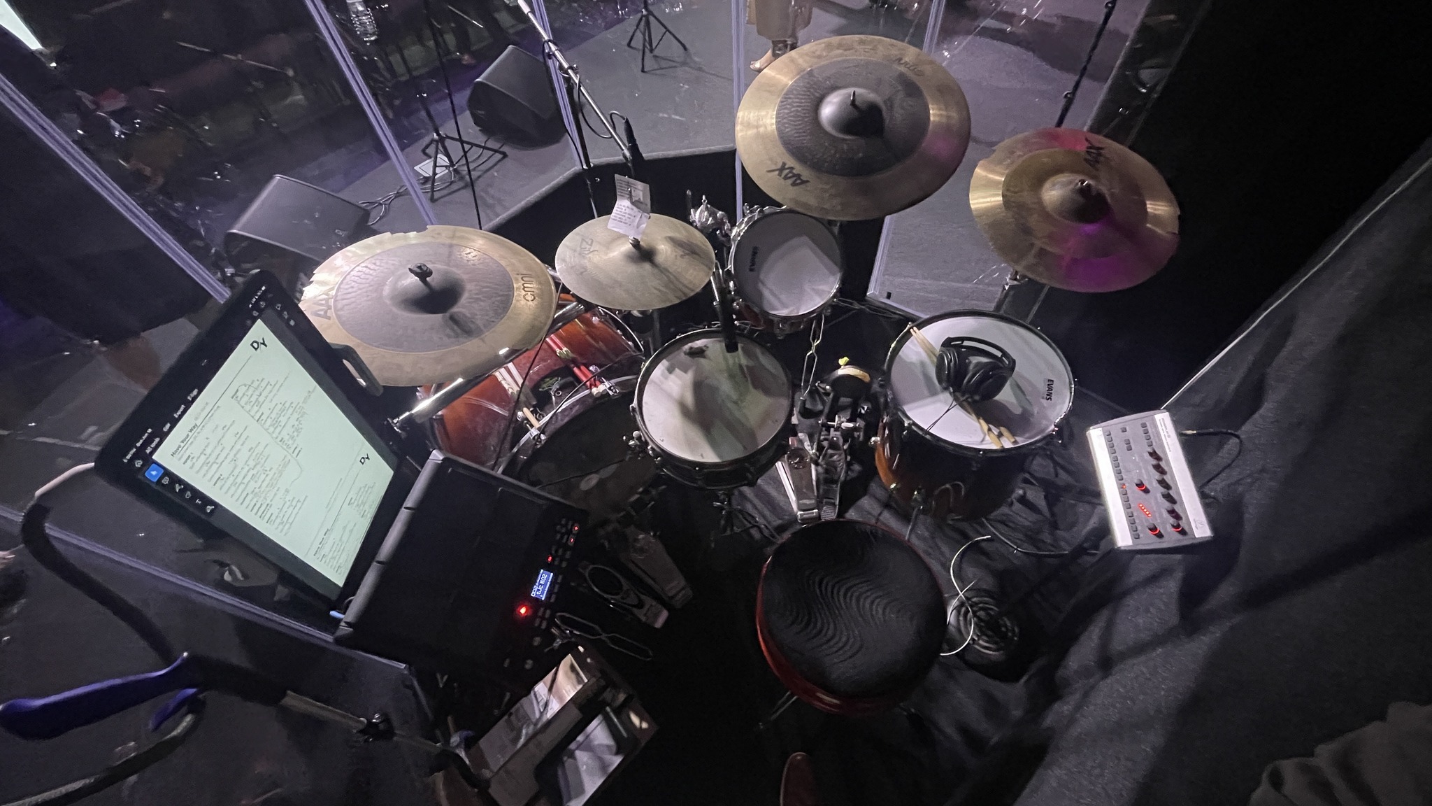 top down view of jordon's drum set he plays for services at the jesus church